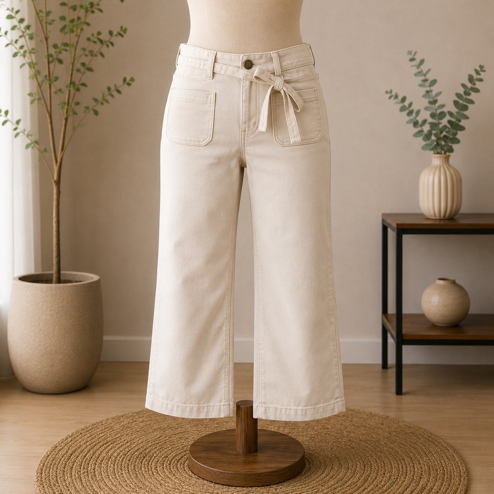 NWT Nicole by Nicole Miller Cropped Pants Womens 16 Cream Tie Waist Wide Leg